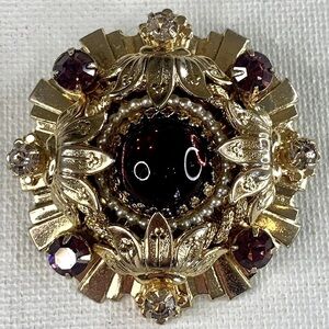 VTG Starburst Brooch Pendant Gold Tone Purple Cabochon Rhinestones Faux Pearls